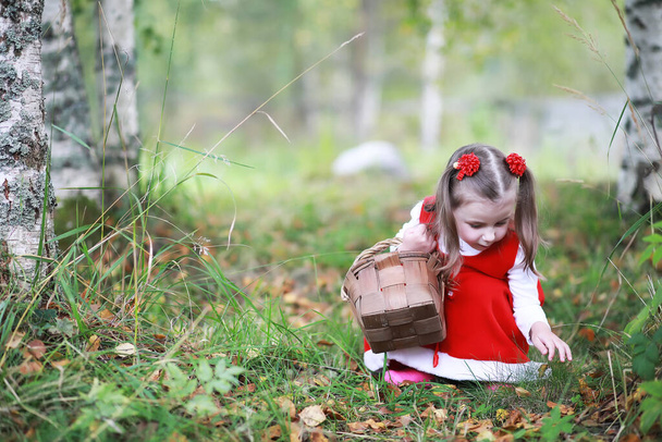Uma menina de chapéu vermelho e vestidos está andando no parque. Cosplay para o herói conto de fadas "Chapeuzinho Vermelho" - Foto, Imagem