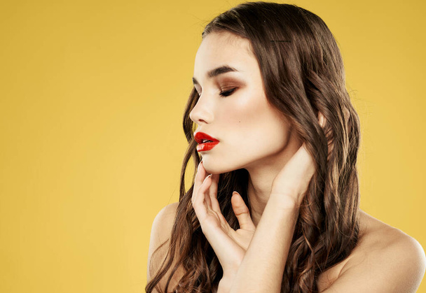 Schöne Frau mit roten Lippen dunkles Haar brünett Modell - Foto, Bild