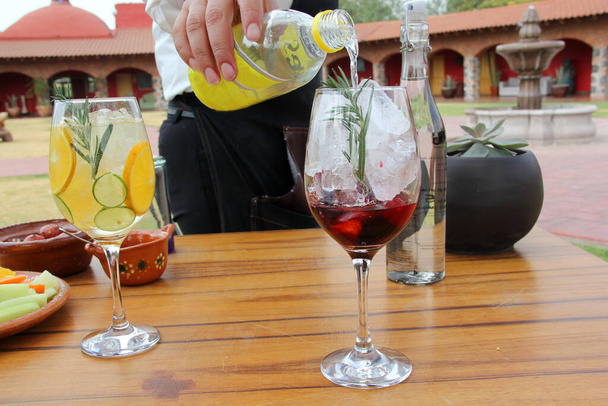 preparazione di gin agli agrumi e bacche toniche e rosse sul tavolo di legno, cameriera serve cibo e bevande - Foto, immagini