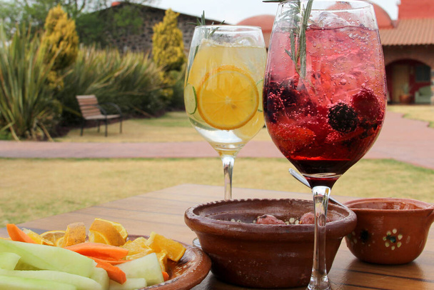 Citrus gin és tonik és piros gyümölcsök növényi snack a fa asztal szabadban, pirítós ünnepelni a szerelmet - Fotó, kép