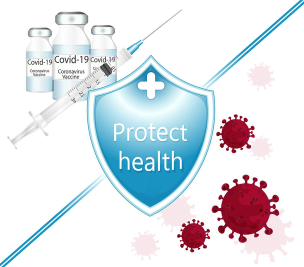 Vaccino vs covid 19. Illustrazione del vettore del flacone del vaccino virale Coronavirus. Corona virale e vettore di siringhe. Scudo della salute - Vettoriali, immagini