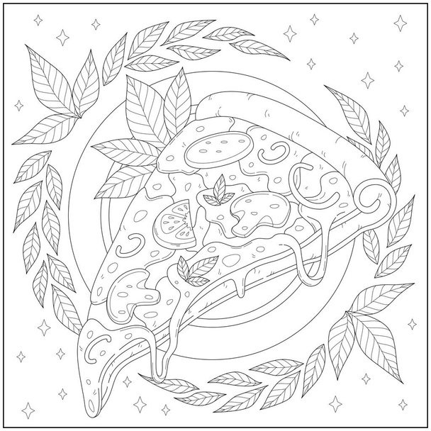 Delicious pepperoni cheese pizza slice with leaf border. Learning and education coloring page illustration for adults and children. Outline style, black and white drawing - Vector, Image