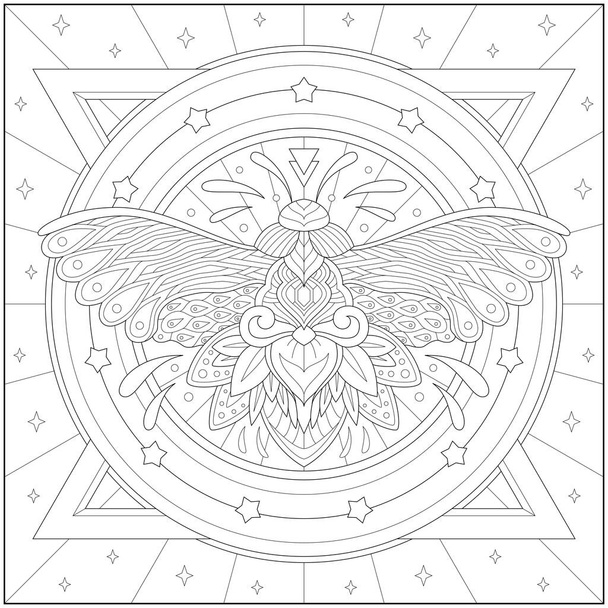 Fantasy moth with ornament and decoration. Learning and education coloring page illustration for adults and children. Outline style, black and white drawing. - Vector, Image