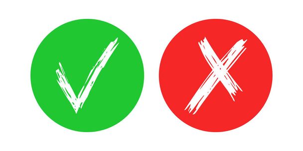 Elementos de jaque y cruz dibujados a mano aislados sobre fondo blanco. Marca de verificación de garabatos grunge OK en círculo verde y X en iconos de círculo rojo. Ilustración vectorial - Vector, imagen