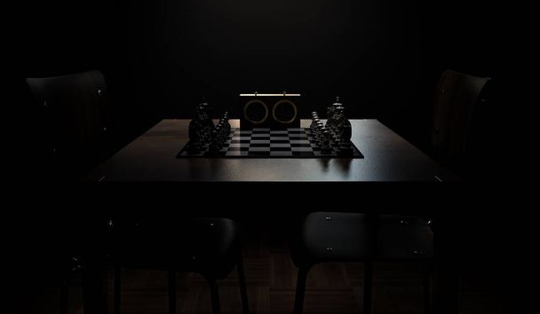 Een schaakspel setup op een tafel met tegengestelde stoelen in een donkere kamer verlicht door een enkele overhead light - 3D render - Foto, afbeelding