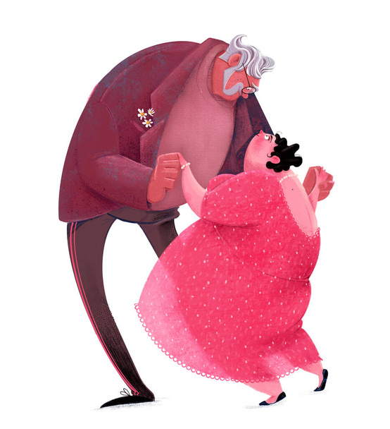 lindo dibujos animados ancianos pareja bailando sobre fondo blanco - Foto, Imagen