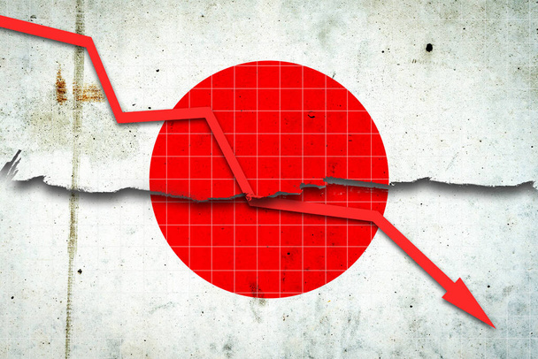 A japán gazdaság bukása. Recessziós grafikon piros nyíllal a japán zászlón. Gazdasági visszaesés. Csökken a tőzsdei kereskedelem gazdasága. A gazdaság csökkenő tendenciái. Üzleti tevékenység. - Fotó, kép