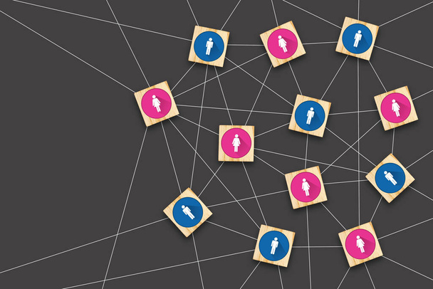Концепция социальных сетей. Деревянные блоки с человеческими иконами взаимосвязаны. Болтали в интернете. Технологии. - Фото, изображение