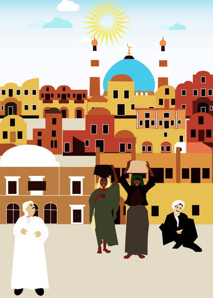 Ilustração de vários homens árabes sentados em uma rua árabe contra o pano de fundo de casas com um design característico. Os homens estão vestidos com trajes árabes tradicionais.. - Foto, Imagem