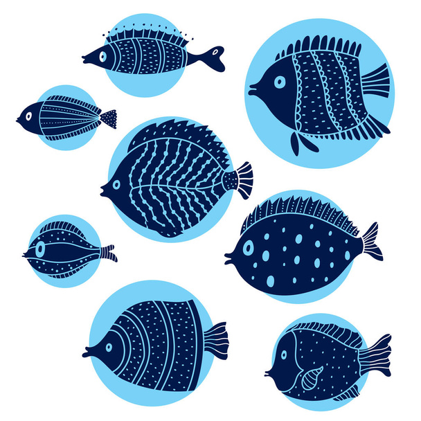 Nettes Fisch-Vektorset. Dekorative Illustration. Färbung. - Vektor, Bild