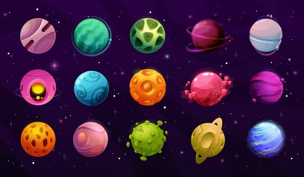 Space planets, cartoon galaxy universe fantasy, vector icons on sky background. Space game planets and flat satellites with meteor craters and orbit rings, exploration and alien spaceflight mission - Wektor, obraz