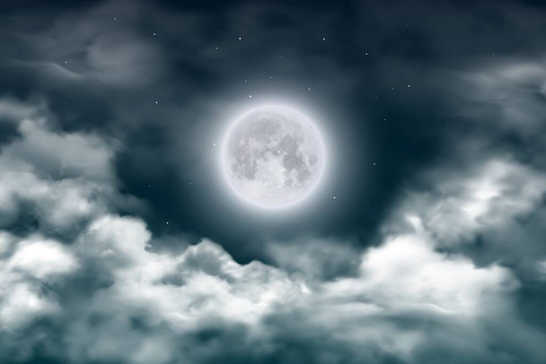 Kuu yötaivaalla pilvien ja tähtien kanssa. Vektori realistinen täysikuu pimeällä keskiyön taivaalla. Tähtien ulkoavaruudessa kirkas hehku satelliitti planeetta ja kuutamo mystinen sumu. 3d hämärä maisema - Vektori, kuva