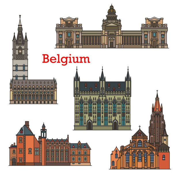 Бельгия достопримечательности, архитектура Брюсселя и Брюгге, вектор. Бельгийские соборы, церкви и здания Брюссель, мэрия Брюгге, музей дворца Груутюс, колокольня или колокольня Белфорта - Вектор,изображение