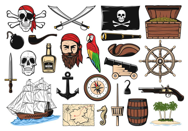 Pirate set with vector icons of captain, ship, map and hook, treasure chest, skull, barrel and rum. Helm, compass, parrot and anchor, gold coins, black flag and eye patch, spyglass, cannon and sword - Vector, Image