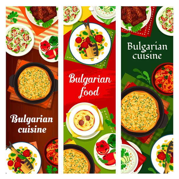 Bulgar gıda yemekleri menü yemekleri, yemek afişleri, Bulgaristan restoran et ve salatalarını yönlendir. Bulgar geleneksel mutfak yemekleri domates soslu fırında balık, biberli peynir ve patates turtası - Vektör, Görsel