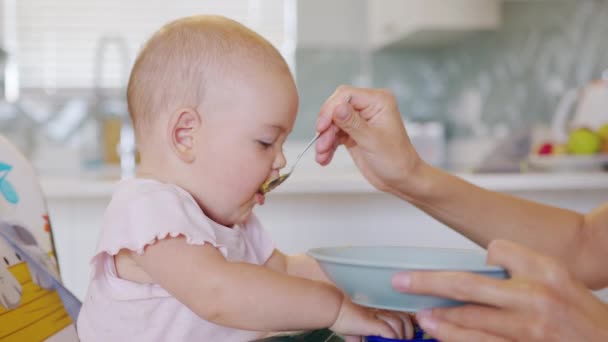 Baby meisje eten mix voedsel op een kinderstoel, moeder voedt een kleine baby met een lepel van voedsel. - Video