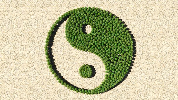 Concept of conceptuele groep van groene bos boom op droge grond achtergrond als teken van Chinese symbool van Yin-Yang, tegenover en complementair. 3d illustratie metafoor voor taoïsme, meditatie en balans - Foto, afbeelding