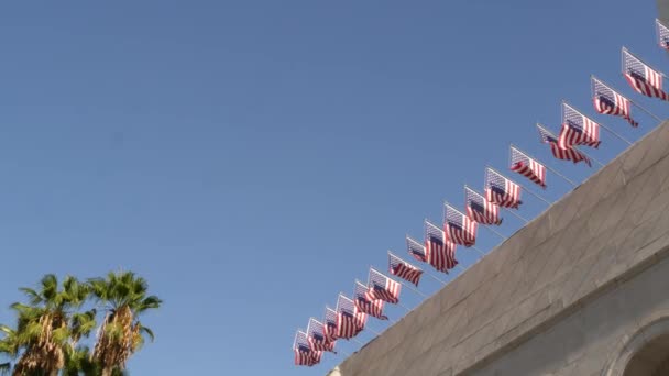 Banderas americanas, Ayuntamiento de Los Ángeles, California, EE.UU. Palmeras y banners, estrellas y rayas salpicadas de estrellas. Ambiente de patriotismo, Centro Cívico Municipal. Autoridad del gobierno federal y democracia - Imágenes, Vídeo