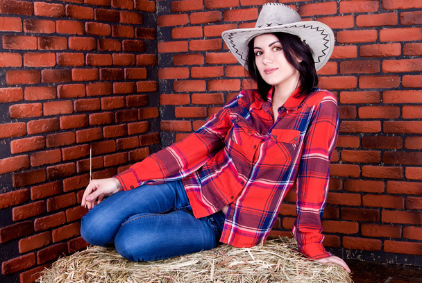 Cowboy lány ül széna egy kockás ing és farmer - Fotó, kép