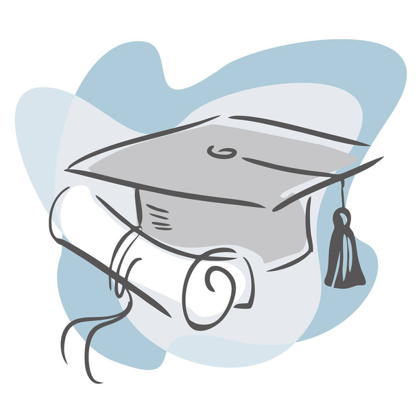 Graduação com chapéu e pergaminho de diploma. Desenhos ilustração. Isolado em branco. - Vetor, Imagem