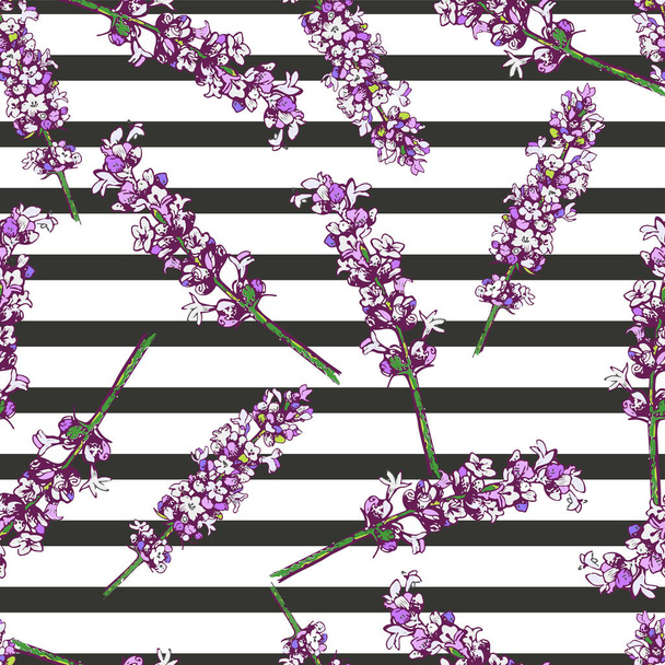 Vector seamless pattern of lavender blossom isolated on black strips. Hand drawn floral and geomrtric. Use for backgrounds, wrapping papper, wallpapper, print for greeting card, invitations, wedding.  - Vector, Image