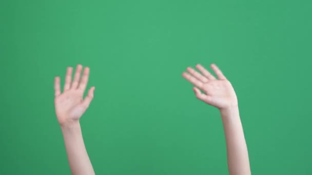 Kid hands waving saying greeting, goodbye making hand gestures on chroma key green screen background - Footage, Video