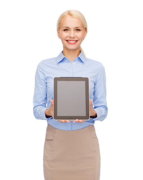 Businesswoman with blank black tablet pc screen - Foto, Bild