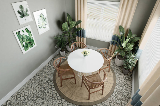 Harmaa seinä yläpuolella puinen pöytä ja tuolit valoisa ruokasali sisustus paljon kasveja - Valokuva, kuva
