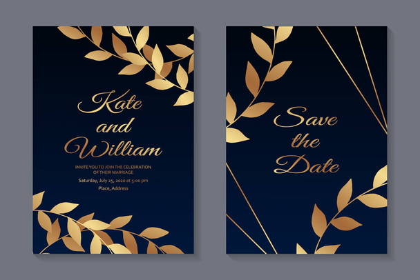 Set van moderne bloemen luxe bruiloft uitnodiging ontwerp of kaart sjablonen voor het bedrijfsleven of presentatie of begroeting met gouden bladeren en takken op een donkerblauwe achtergrond. - Vector, afbeelding