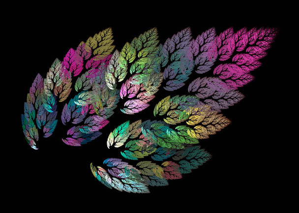 Coloridas hojas iluminadas multicolores sobre una rama abstracta o un árbol posicionado diagonalmente sobre un fondo negro. Elemento de diseño gráfico. renderizado 3d. ilustración 3d. - Foto, imagen