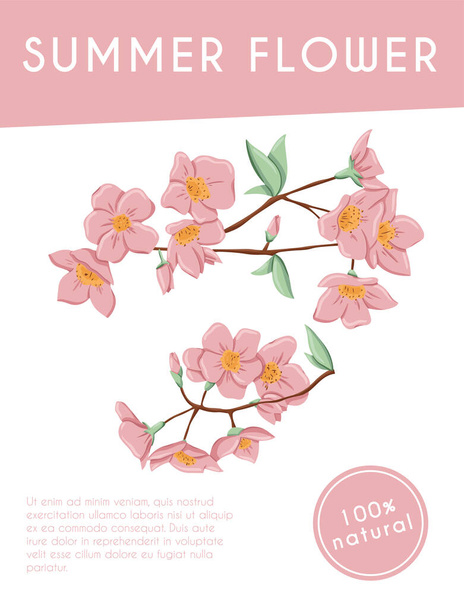 葉カードテンプレート付きの枝に新鮮なピンクの花。春の花のベクトル手描きイラスト. - ベクター画像