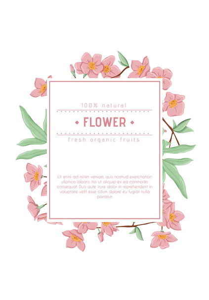 Fresh pink flowers on branch with leaves card template. Vector hand drawn illustration of spring flowers. - Vector, Image