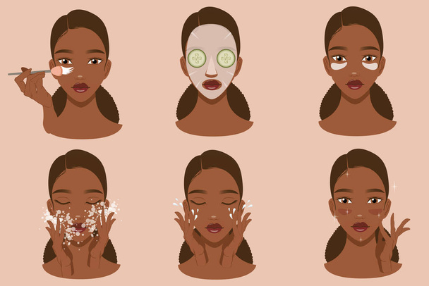 Beautiful girl cleansing and caring for her face with various actions, face, treatment, beauty, healthy, hygiene, lifestyle, female vector drawing isolated on white background. - Vettoriali, immagini