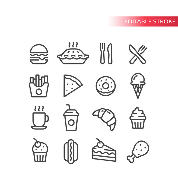 Set de iconos de vectores de línea de restaurante o restaurante de comida rápida. Hamburguesa, hot dog, pastel, papas fritas símbolos, golpe editable. - Vector, Imagen