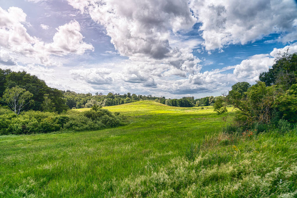 piękny krajobraz łąkowy z lasem i dramatycznym niebem z Meklemburgii-zachodniej pomeranii, Niemcy - Zdjęcie, obraz