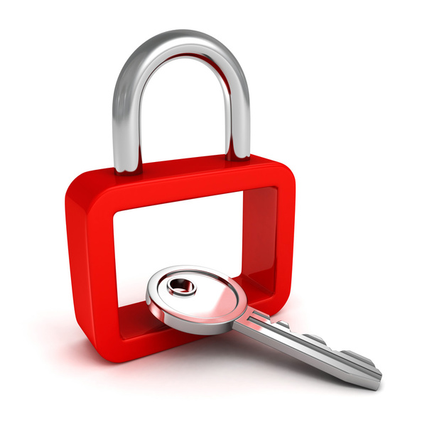 red security padlock with metallic key - Fotografie, Obrázek