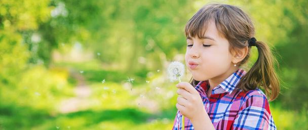Child girl with dandelions in the park. Selective focus. - Photo, Image