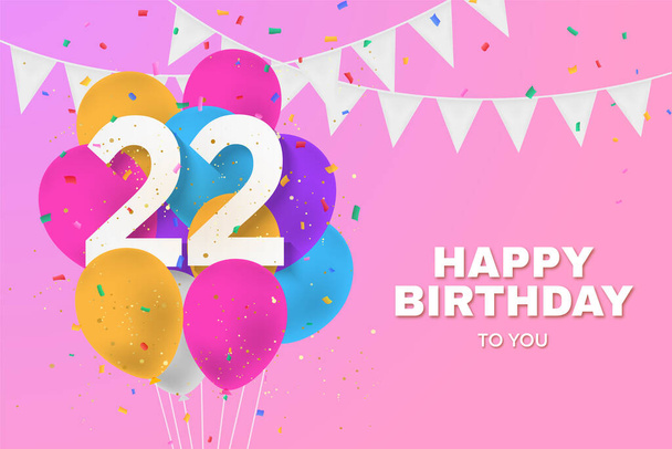 Gelukkige 22e verjaardag ballonnen wenskaart achtergrond. 22 jaar jubileum. 22e viering met confetti. Illustratievoorraad - Foto, afbeelding