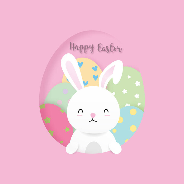Boldog húsvétot! Aranyos nyuszi és húsvéti tojás rózsaszín háttérrel. Vektorillusztráció. - Vektor, kép