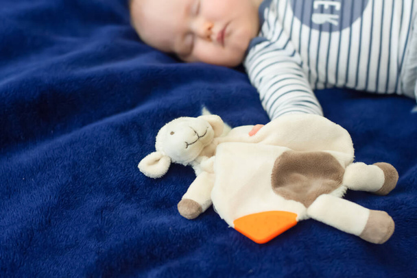 Mignon bébé garçon dormiravec doudou agneau doudou dans sa main. Concept de rituel du sommeil. Concentration sélective - Photo, image
