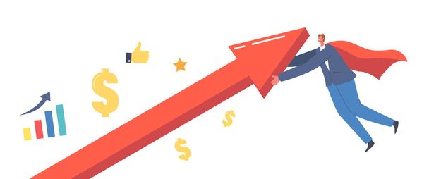 Economic Recovery, Revival Concept. Businessman Superhero Character in Red Cloak Rising Up Arrow Graph, Economy Revival - Vector, afbeelding