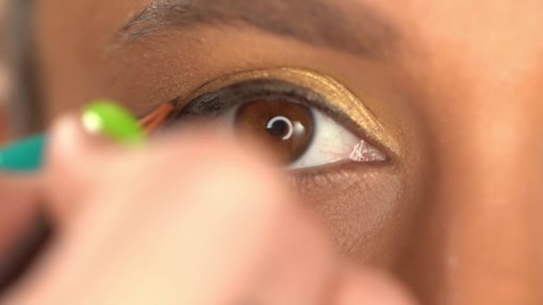 részleges kilátás afro-amerikai nő alkalmazó szemhéjpúder ecsettel - Felvétel, videó