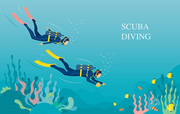 Couple Scuba Diving in Underwater Background, Travel, Summer Vacation and Activities  - Vector, Image
