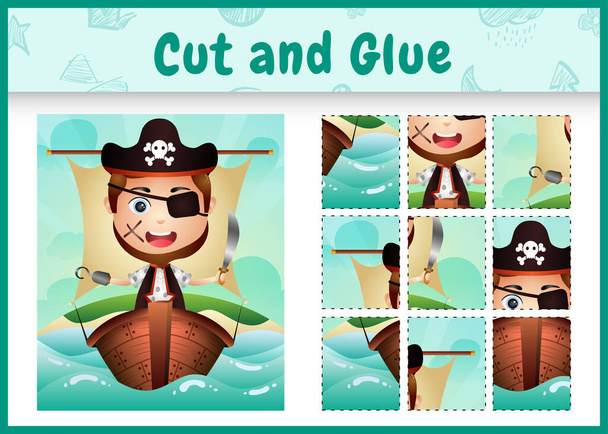 Παιδικό επιτραπέζιο παιχνίδι περικοπή και κόλλα θέμα Πάσχα με ένα χαριτωμένο πειρατικό αγόρι εικονογράφηση χαρακτήρα στο πλοίο - Διάνυσμα, εικόνα