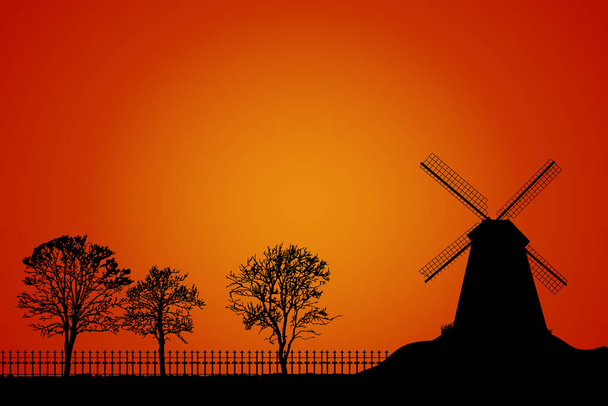 Landschap met windmolen, bomen en hek silhouet op oranje lucht achtergrond. Nederlandse landelijke omgeving met windmolen bij zonsondergang. Rustieke scene met traditionele oude windmolen bij zonsopgang, rustige avond platteland. Voorraadvector illustratie - Vector, afbeelding