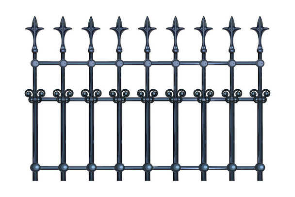 Decorative cast iron wrought fence with artistic forging isolated on white background. Metal guardrail. Steel modular railing. Vintage gate with swirls. Black forged lattice fence. Stock vector illustration - ベクター画像