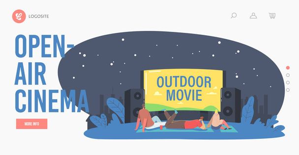 Open Air Cinema at House Backyard Landing Page Template. Characters Spend Night with Friends at Outdoor Movie Theater - Vektör, Görsel