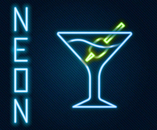 Lumineux néon ligne Martini icône en verre isolé sur fond noir. Icône de cocktail. icône de verre de vin. Concept de contour coloré. Vecteur. - Vecteur, image