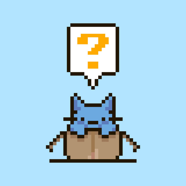barevné jednoduché ploché pixel umění ilustrace kreslené roztomilé kotě sedí v otevřené kartonové krabici a hlasová bublina s otazníkem - Vektor, obrázek