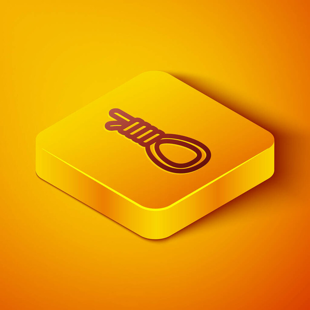 Isometric line Gallows rope loop hanging icon isolated on orange background. Rope tied into noose. Suicide, hanging or lynching. Yellow square button. Vector. - Vector, imagen